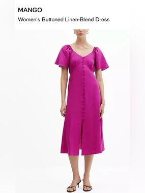 Mango Fuchsia Flutter-Sleeve Linen Blend Button-Front Midi Dress - NWT